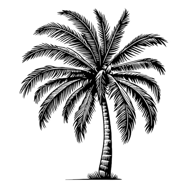 Coco de palma Silueta de árbol tropical dibujo a mano línea negra dibujado en dibujo vectorial