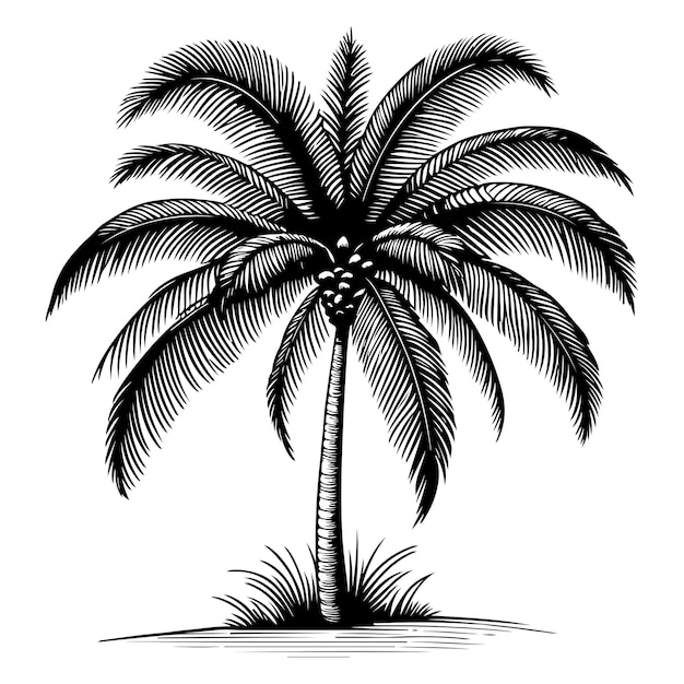 Coco de palma Silueta de árbol tropical dibujo a mano línea negra dibujado en dibujo vectorial