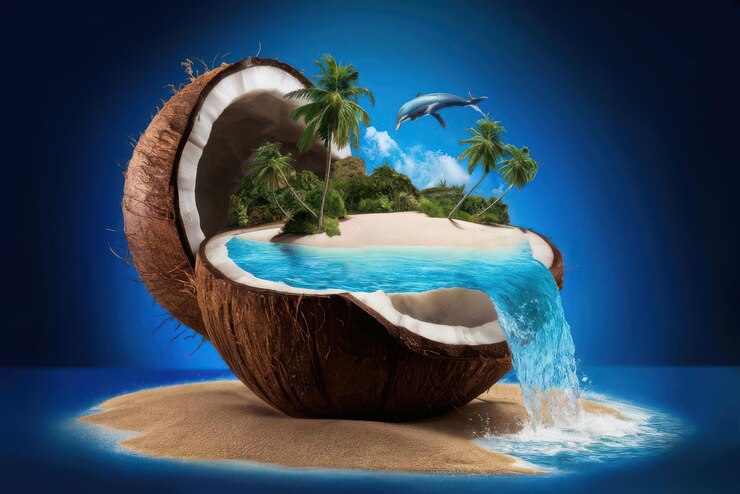 Vector un coco con palmeras en el fondo y un delfín nadando en el agua