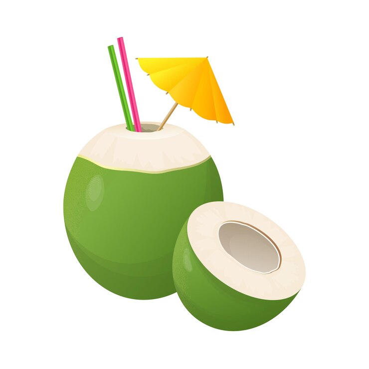 Vector coco verde fresco con pajitas y paraguas de cóctel que muestran su interior blanco