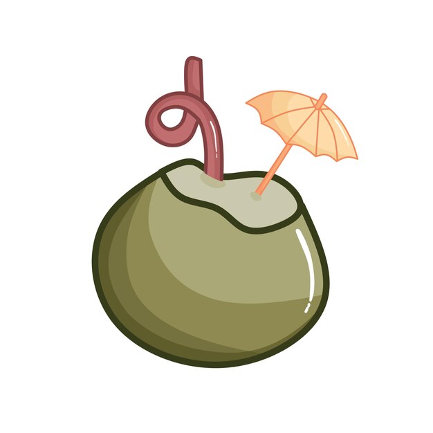 un coco verde con un paraguas y paja