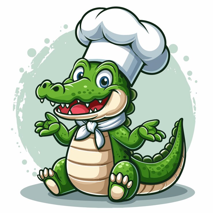 Vector un cocodrilo de dibujos animados con un sombrero de chef39s y un pañuelo blanco