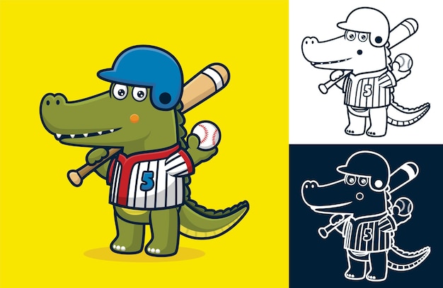 Cocodrilo divertido con uniforme de béisbol mientras sostiene el bate de béisbol y la pelota. ilustración de dibujos animados en estilo de icono plano