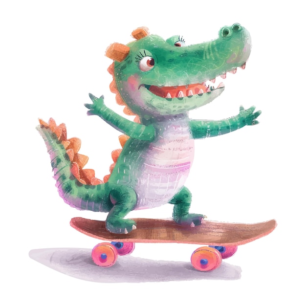 cocodrilo jugando al skateboard con fondo blanco 10