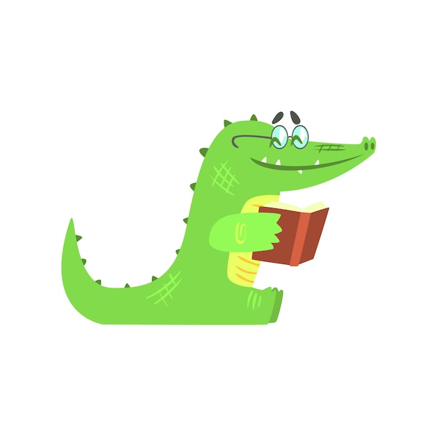 Cocodrilo leyendo un libro Reptil verde humanizado Carácter animal Actividad diaria