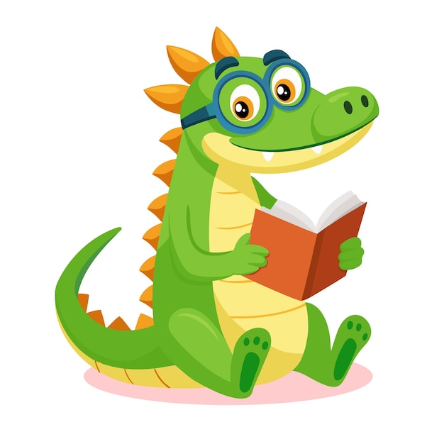 Un cocodrilo lindo leyendo un libro con una ilustración vectorial al estilo de dibujos animados