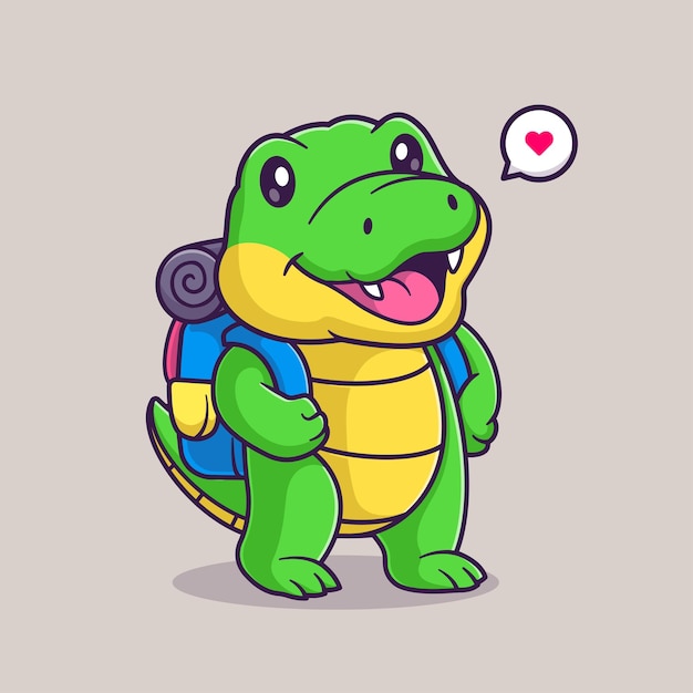 Cocodrilo lindo que viaja con la ilustración del icono del vector de la historieta de la mochila. Animal vacaciones aislado