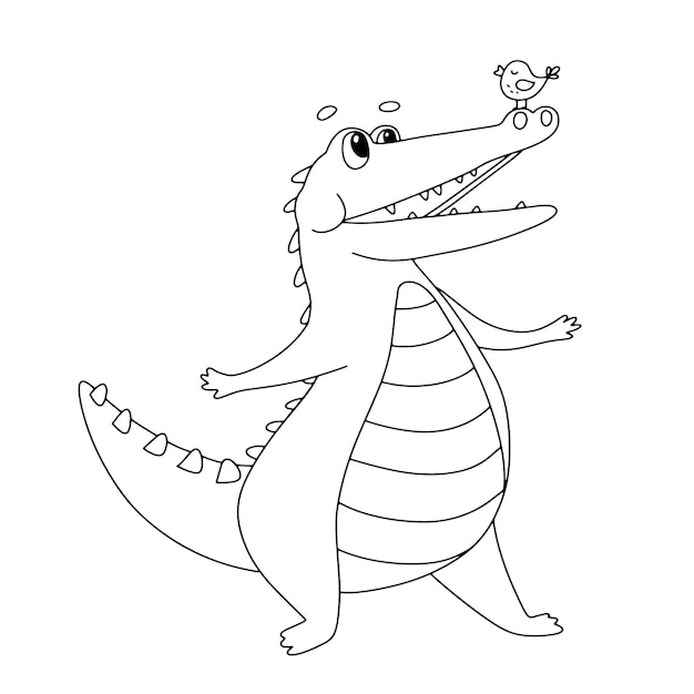 Cocodrilo de línea linda con pajarito Carácter de cocodrilo divertido aislado en blanco Ilustración de vector de contorno para libro de colorear