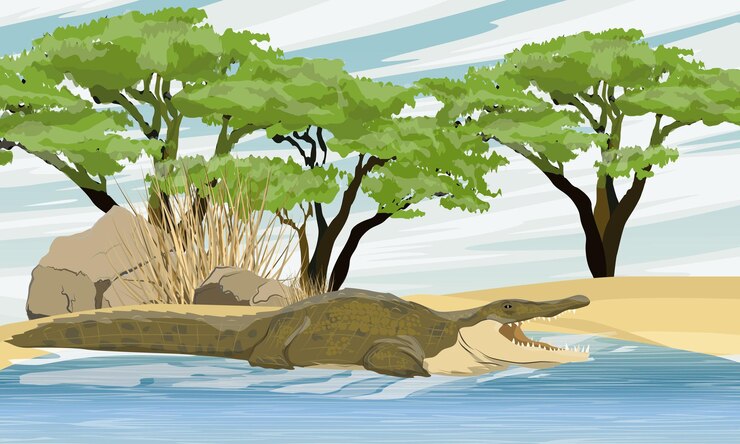 Vector cocodrilo del nilo crocodylus niloticus nada en el lago cerca de las piedras y árboles de acacia africana