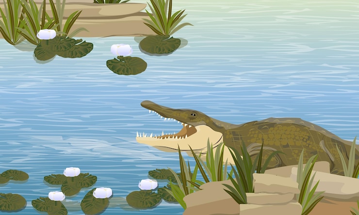 Vector el cocodrilo del nilo, crocodylus niloticus, nada en el río con rocas, hierba y flores de lirio blanco.