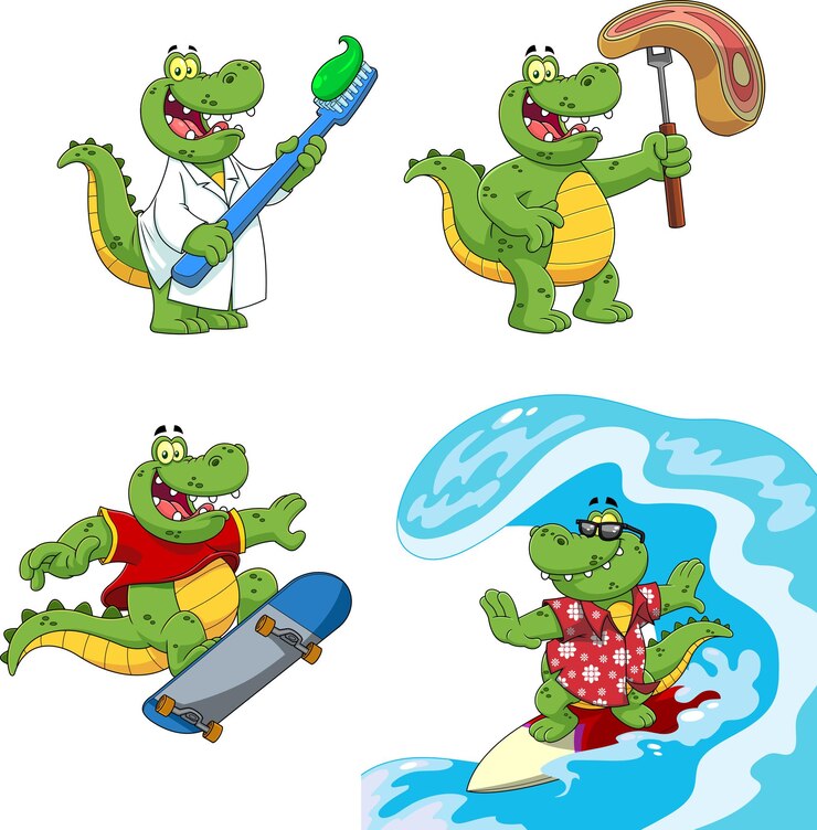 Vector cocodrilo o personaje de dibujos animados de cocodrilo diferentes poses. conjunto de colección de vectores dibujados a mano