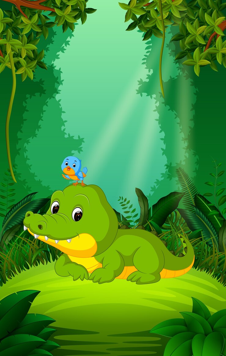 Vector cocodrilo y pájaro en el bosque claro y verde