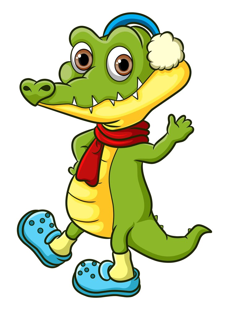 Vector el cocodrilo saluda y agita la mano en el invierno de la ilustración.