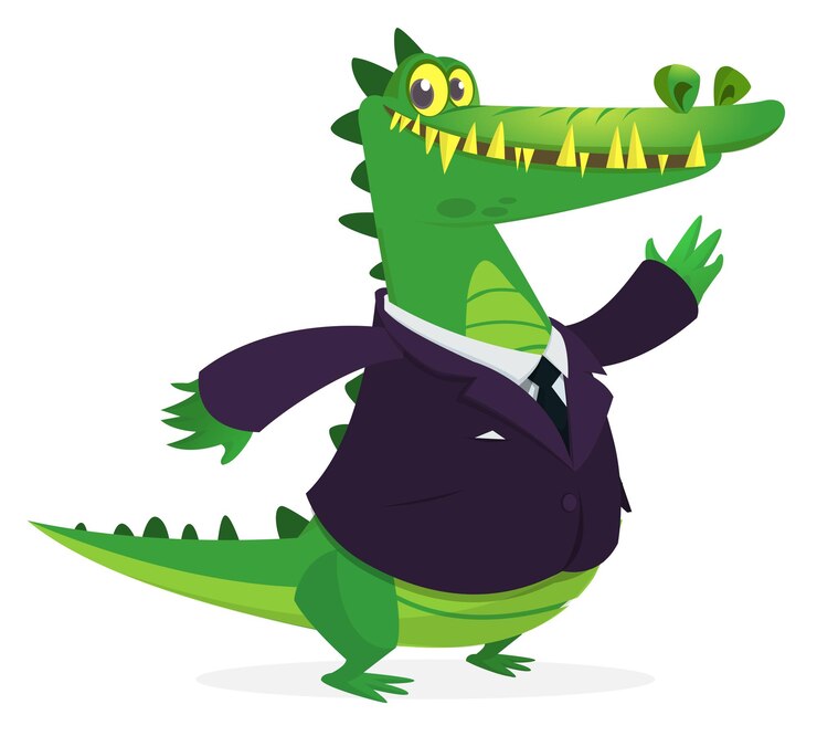 Vector cocodrilo sonriente divertido de dibujos animados con toxedo o traje de negocios ilustración vectorial de caimán verde