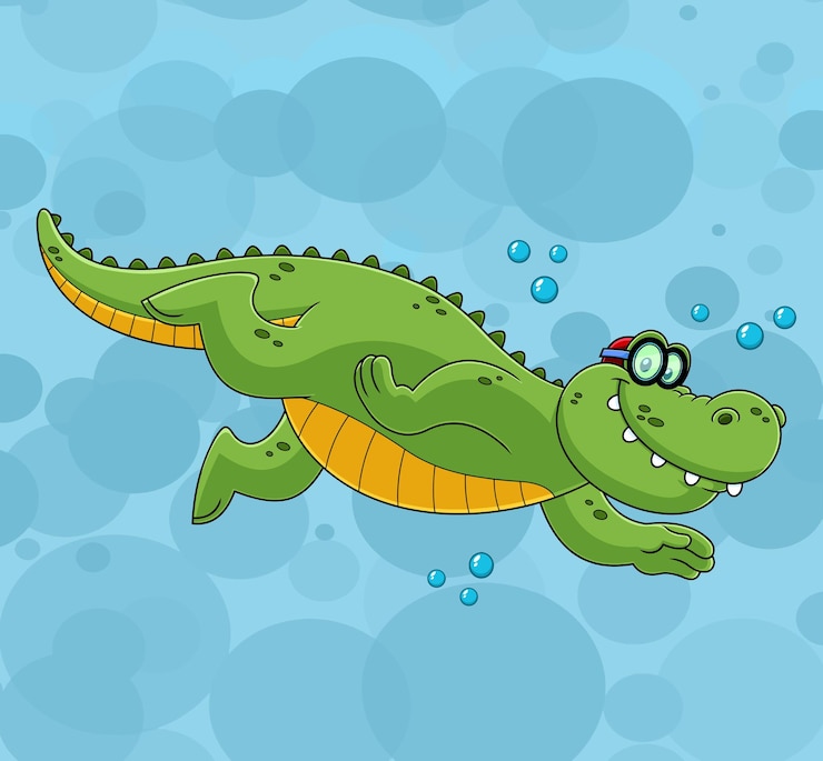 Vector cocodrilo sonriente o personaje de dibujos animados de cocodrilo natación vector ilustración dibujada a mano