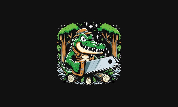 cocodrilo sosteniendo la sierra en el bosque diseño de ilustraciones vectoriales