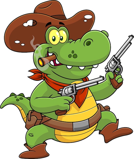 Cocodrilo vaquero o personaje de dibujos animados de cocodrilo con dos pistolas Vector ilustración dibujada a mano
