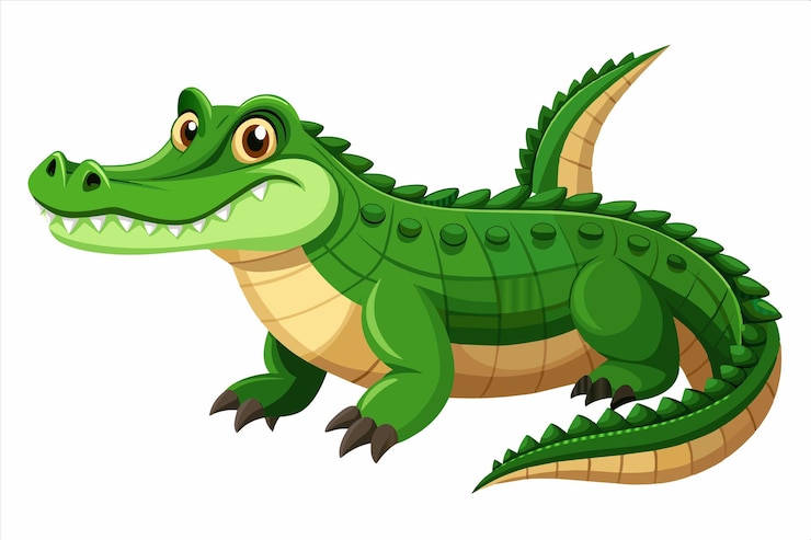 Vector un cocodrilo verde de dibujos animados con una boca amarilla y un fondo blanco