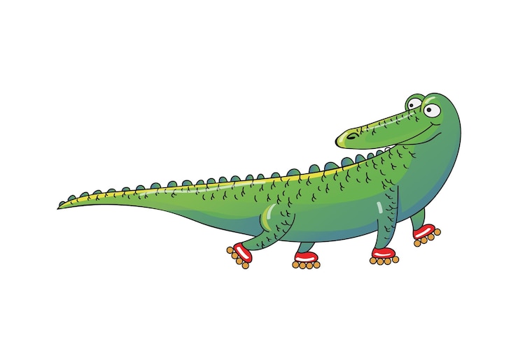 Vector cocodrilo verde montando patines animal humanizado salvaje cocodrilo divertido personaje de dibujos animados elemento gráfico decorativo para niños libro ilustración vectorial colorida aislada sobre fondo blanco