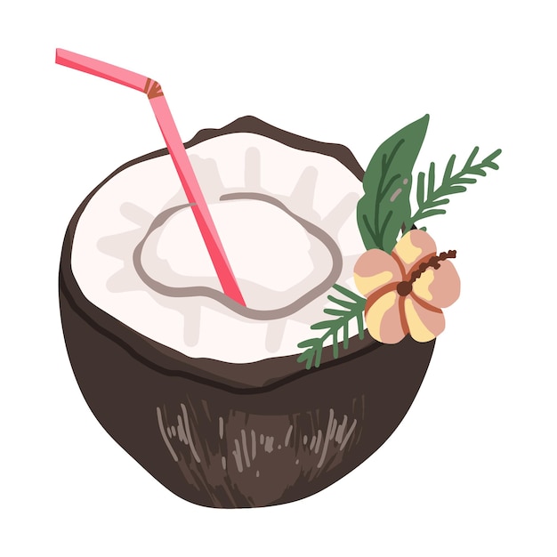 Coconut cocktail with straw and flower decoration