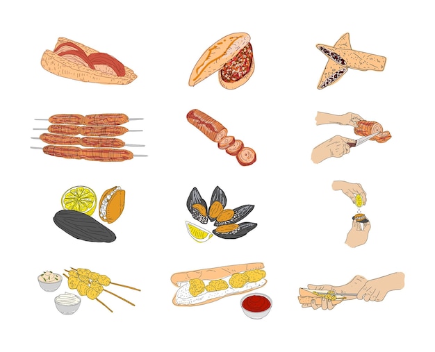 Cocorec mejillones rellenos mejillones fritos diseño vectorial dibujado a mano