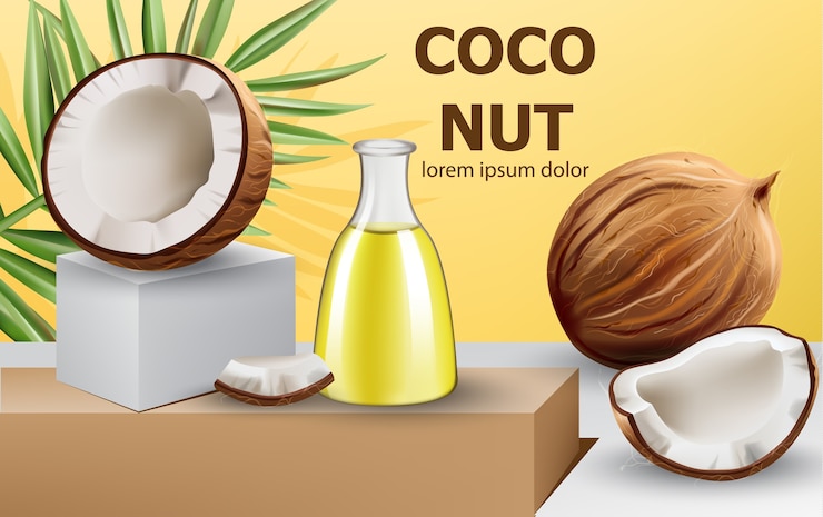 Vector cocos abiertos enteros y partidos con hoja de monstera y garrafa con aceite en podio. realista. . lugar para el texto