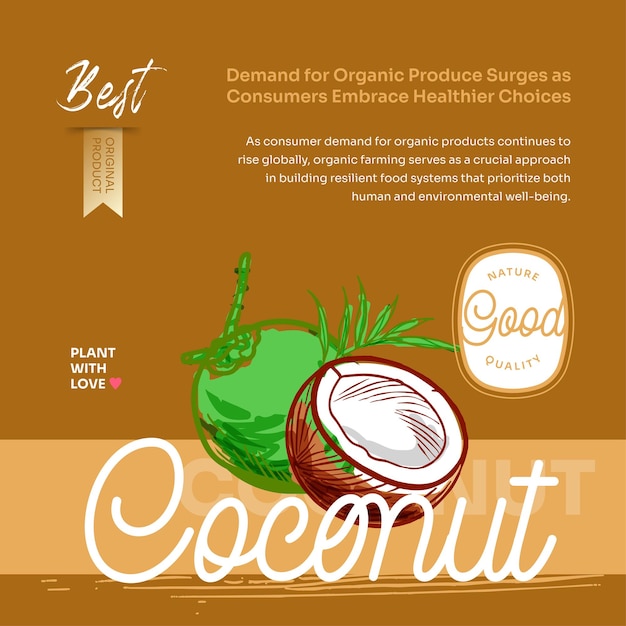 Cocos dibujados a mano de frutas tropicales exóticas vector post volante y etiqueta