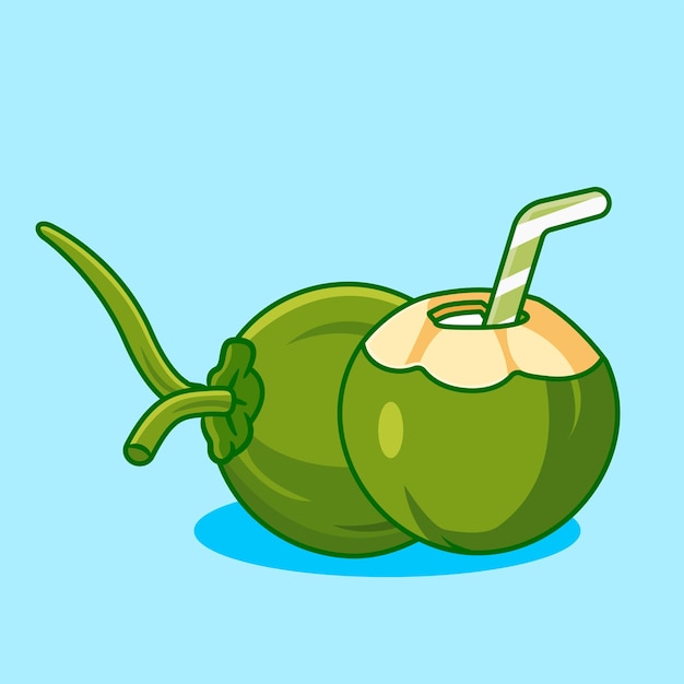 Cocos verdes frescos con una paja para una refrescante bebida tropical Diseño de dibujos animados de ilustración vectorial