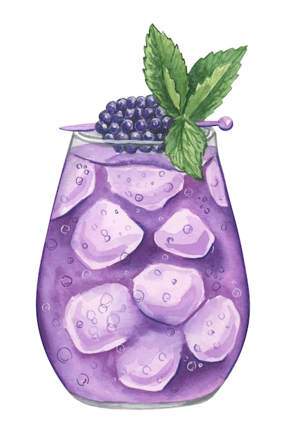 Cóctel de alcohol y ginebra de mora Ilustración acuarela dibujada a mano en fondo blanco Elemento de imágenes prediseñadas de bebida