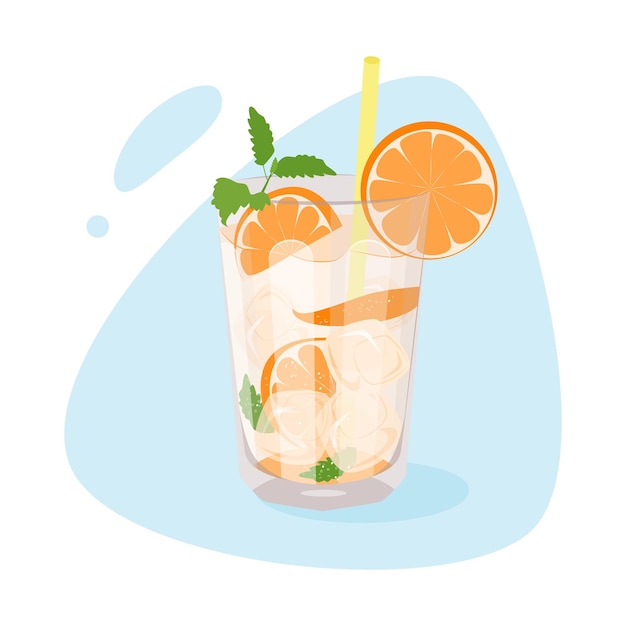 Cóctel sin alcohol de verano con rebanadas de naranja, menta y cubitos de hielo Ilustración vectorial
