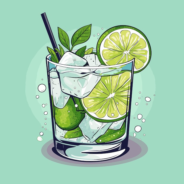 Cóctel alcohólico clásico gin tonic en vaso. bebida refrescante con lima naranja y hielo. ilustración vectorial