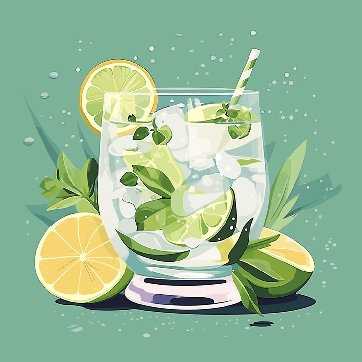 Vector cóctel alcohólico clásico gin tonic en vaso. bebida refrescante con lima naranja y hielo. ilustración vectorial