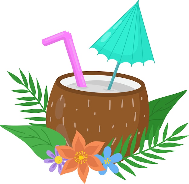 Cóctel alcohólico de coco con paraguas de paja y flores Ilustración vectorial Bebidas alcohólicas