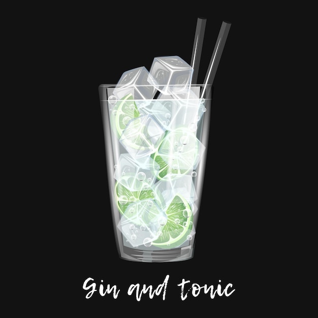 Vector cóctel alcohólico gin y tónico sobre fondo negro bebida de bar en vaso para menú ilustración vectorial