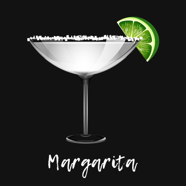 Vector cóctel alcohólico margarita sobre fondo negro bar bebida bebida en vaso para menú ilustración vectorial