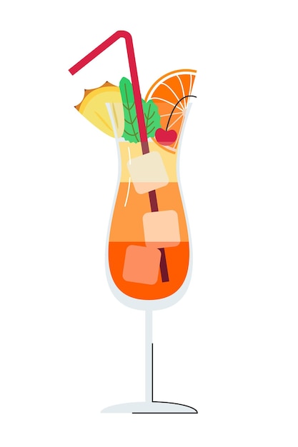 Cóctel alcohólico de verano popular decorado con frutas Bebida fresca tropical Bebida dulce exótica con sabor a ron prominente parece efecto amanecer Ilustración de vector vertical plano aislado