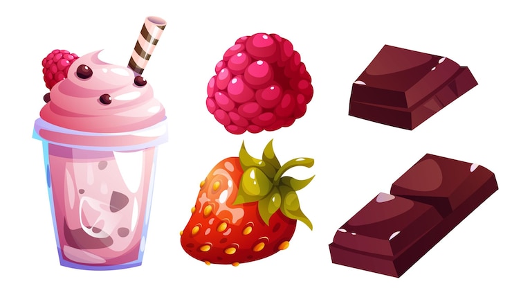Cóctel de batido con chocolate y bayas Ilustración vectorial de dibujos animados de postre dulce