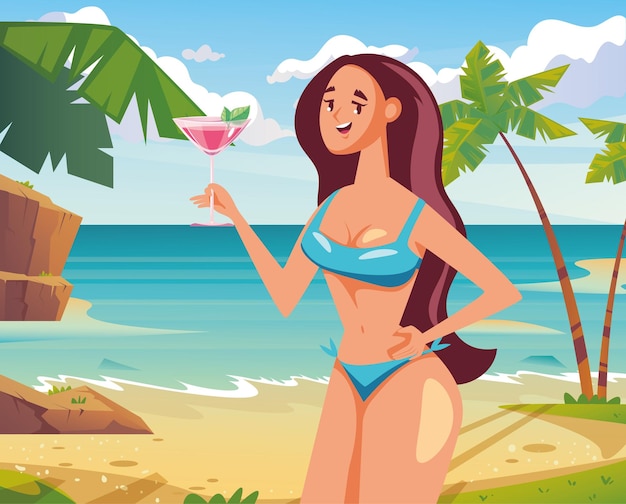 Vector cóctel de bebida de personaje de mujer en concepto de fondo de paisaje de playa