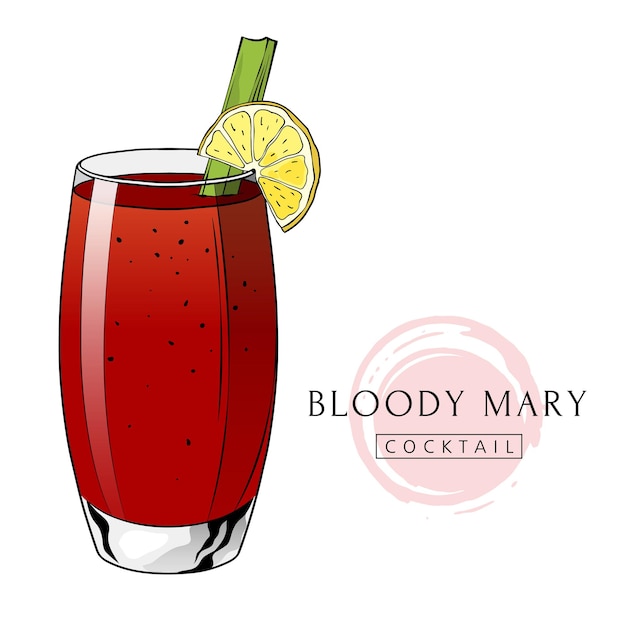Cóctel bloody mary bebida alcohólica dibujada a mano con rodaja de limón y apio