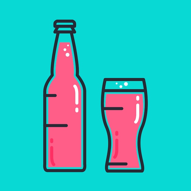 Cóctel cerveza fría o zumo botella con vaso