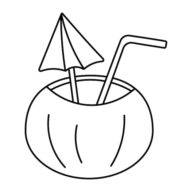 cóctel coco alcohol bebida tropical línea de garabatos para colorear ícono elemento ilustración vectorial