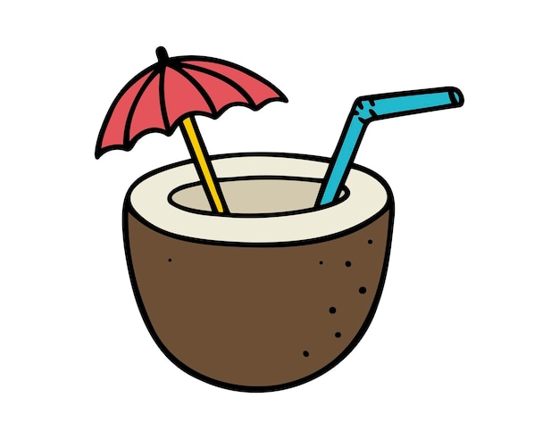 Cóctel de coco de dibujos animados con paraguas y paja aislados en un fondo blanco cóctel exótico de coco dibujado a mano