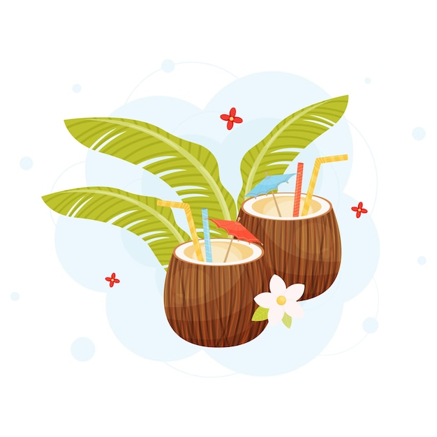 Cóctel de coco exótico bebidas vector ilustración
