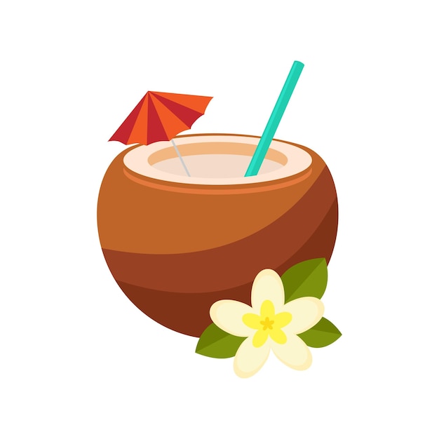 Cóctel de coco marrón con paraguas de paja y flores tropicales Diseño plano Ilustración vectorial