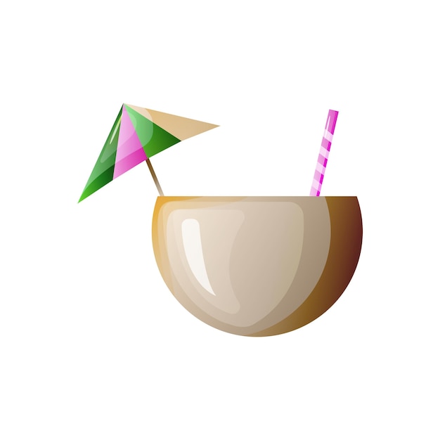 Cóctel de coco con paja y paraguas Ilustración vectorial sobre fondo blanco