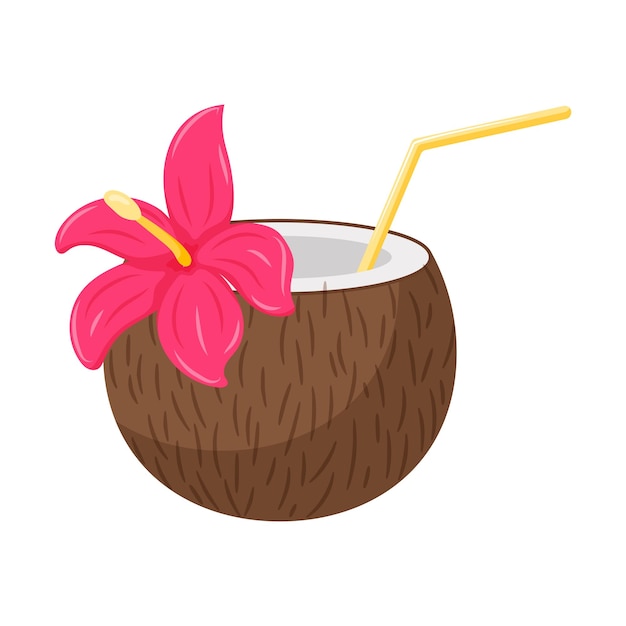 Cóctel de coco con una pajita y una flor de hibisco una bebida refrescante de verano en la playa un símbolo de una fiesta en la playa ilustración vectorial en un estilo de caricatura plano aislado en un fondo blanco