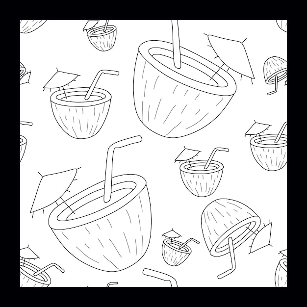 Cóctel de coco con paraguas y paja verano sin costuras patrón lineal Relájate en la playa y en el bar Ilustración vectorial dibujada a mano fondo papel tapiz línea garabateo colorear
