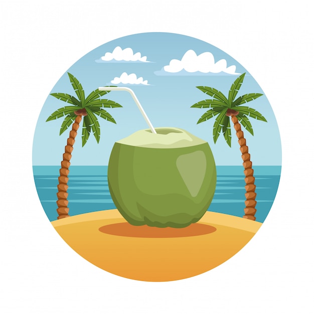 Cóctel de coco en la playa en símbolo redondo