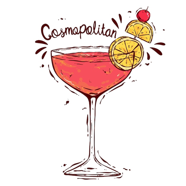 Cóctel cosmopolita de dibujo a mano con limón y cereza copas de cóctel con estilo incompleto de color