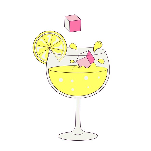 Cóctel con cubitos de hielo, una rodaja de limón en una ilustración de fiesta de cristal en estilo Groovy Etiqueta o insignia temporal